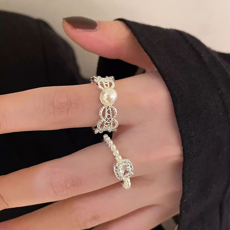 Korean Lace Pearl Zircon Design Switchable Index Ring