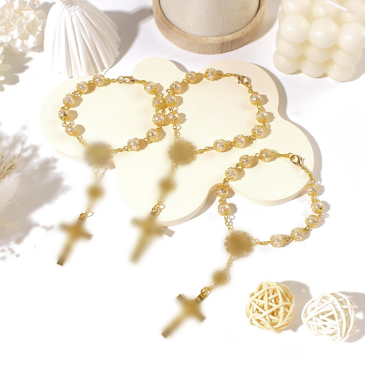 Gold Sier Color Lace Artificial Glass Pearl Baptism Cross Beaded Bracelets