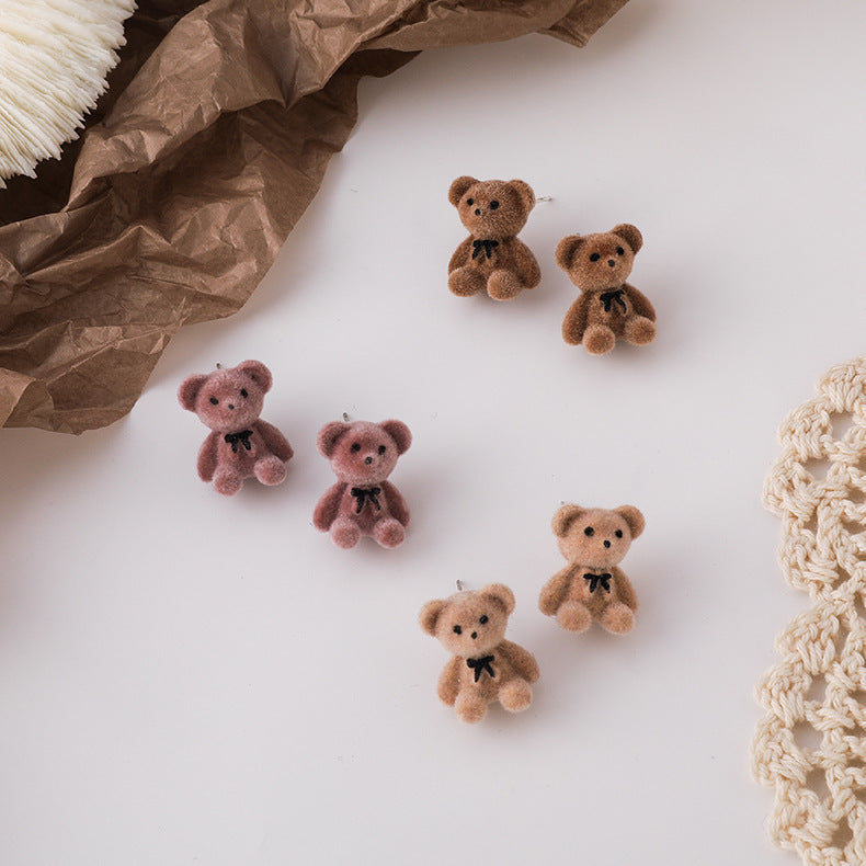 Cute Flocking Bow Bear Ear Cartoon Young Stud Earrings