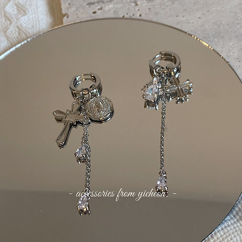 Cross Female Asymmetric Design Zircon Tassel Metal Sier Needle Ear Earrings