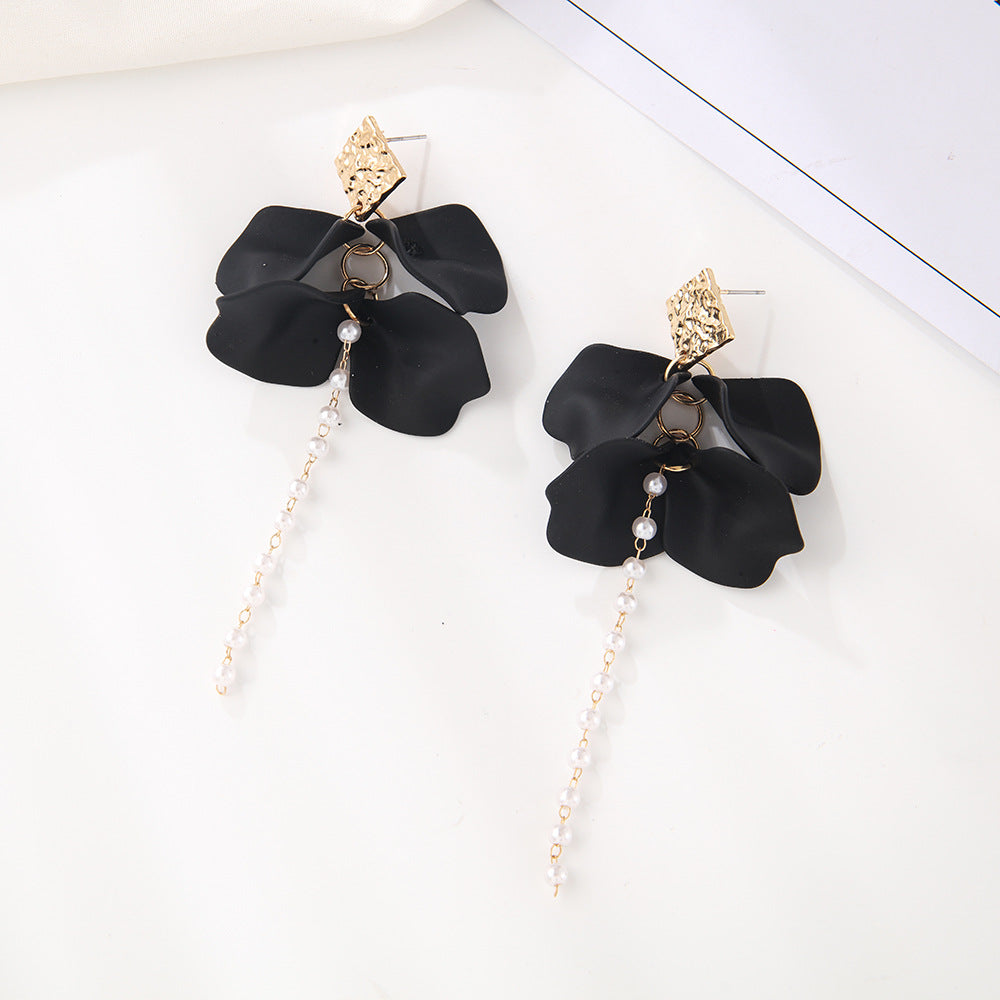 Style Red Blue Colorful Petals Pearl Long Trend Earrings