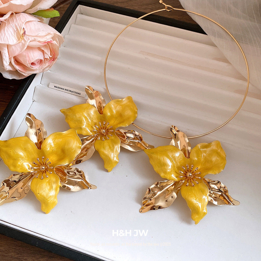 Middle Ancient Glaze Flowers Collar Vintage Court Style Clavicle Chain Earrings
