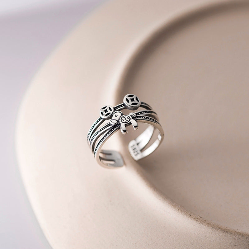 Coin Index Finger Retro Distressed Twin Style Imitation Thai Sier Rings