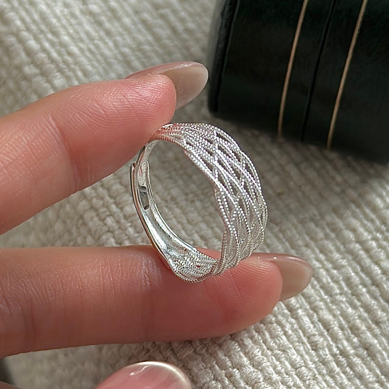 Sterling Sier Korean Niche Design Vintage Grid Style Fashionable Ring