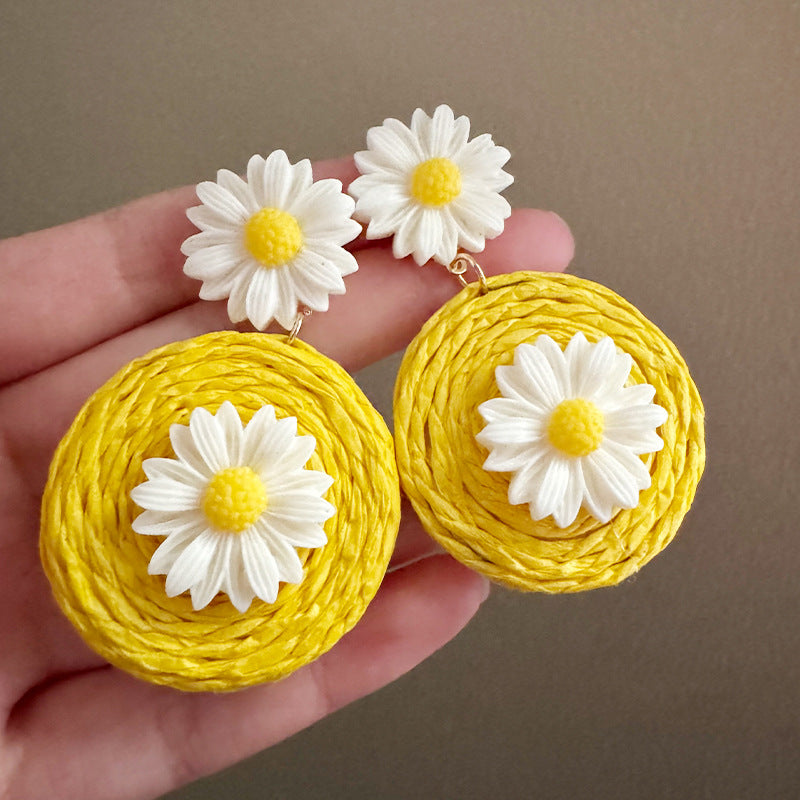 Little Daisy Flower Straw Geometric Island Seaside Earrings