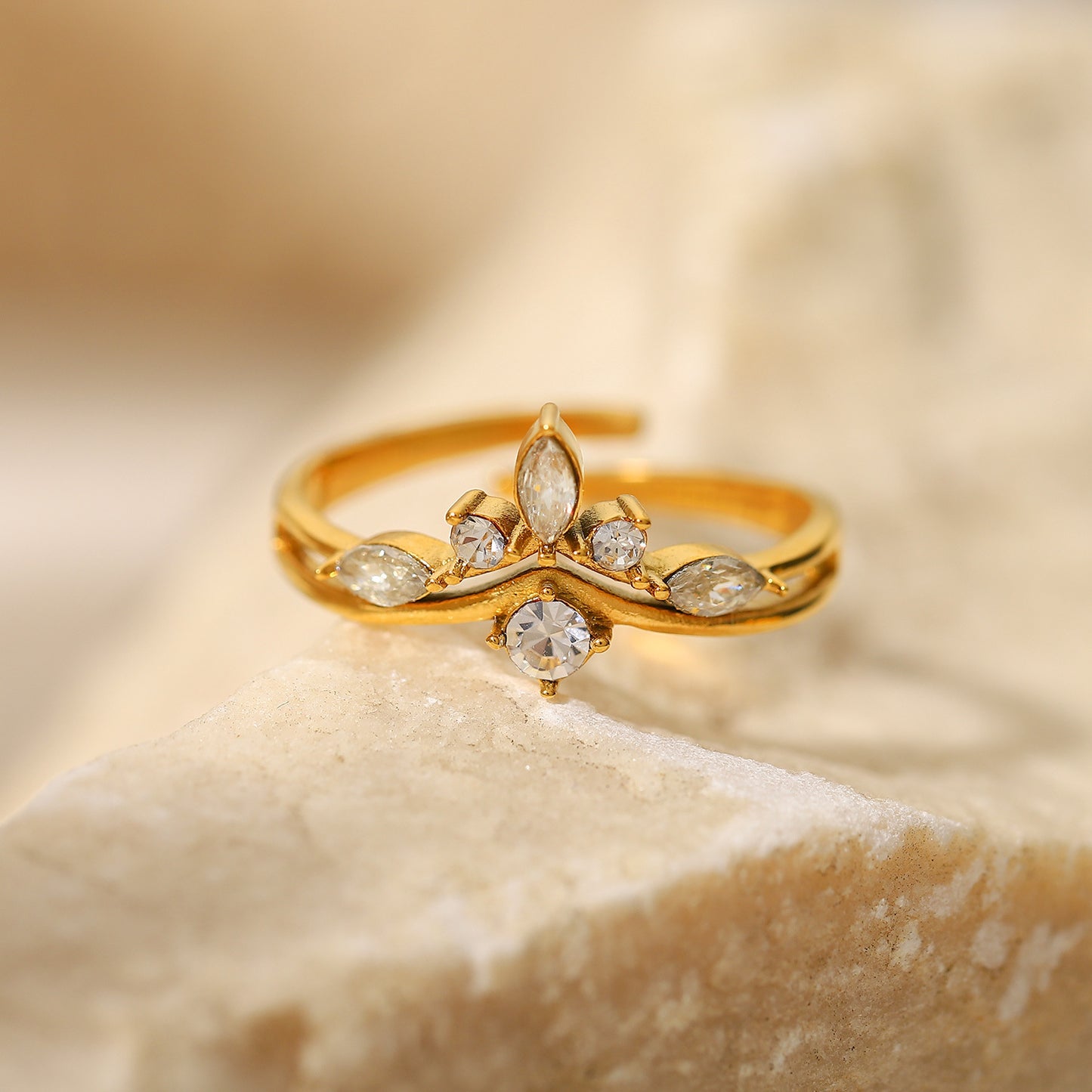 Women's Stainless Steel Gold-plated Open Irregular White Cubic Ring
