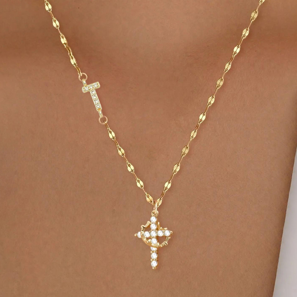 Full Diamond Rotatable Crown Cross With Letters Gold-plated Necklace