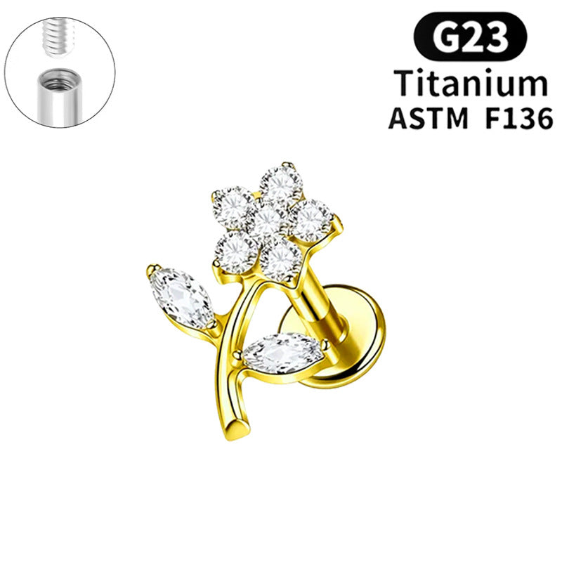 Titanium Alloy Flower Piercing Internal Thread Horse Eye Real Gold Stud Earrings