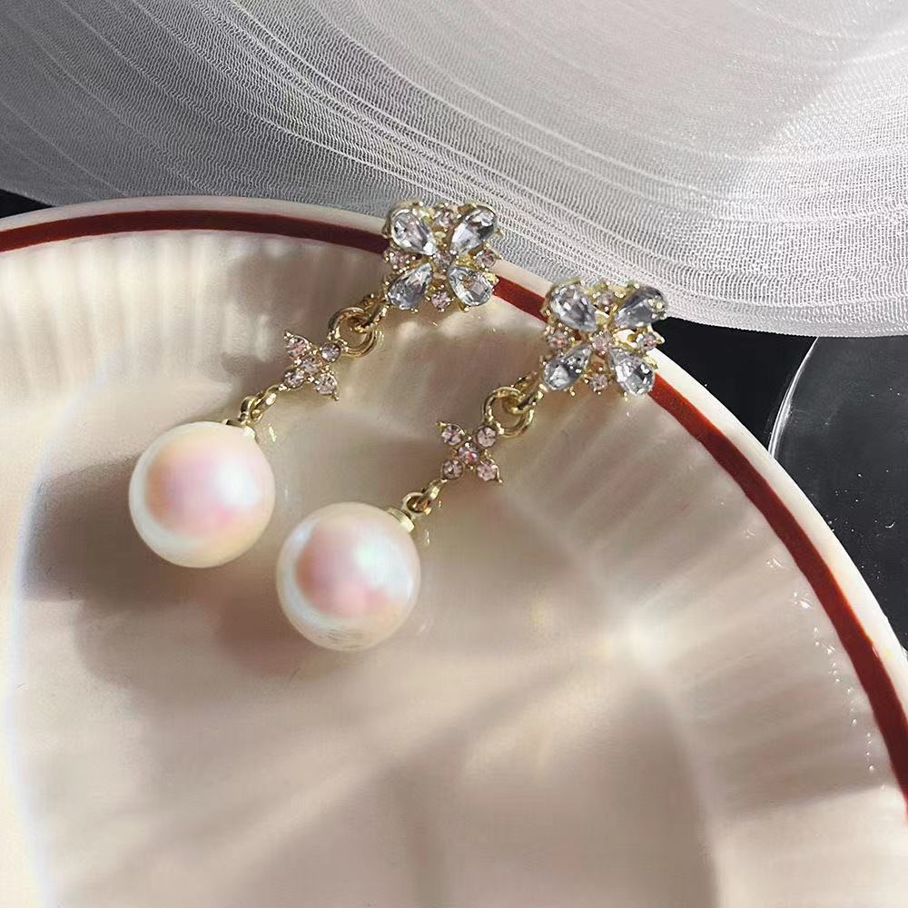 Snowflake Zircon Light Luxury Tassel Long Pearl Elegant Stud Earrings