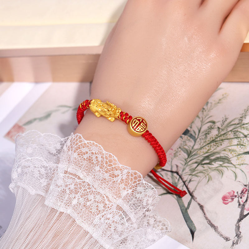 Women's Drawing Pi Alluvial Gold Plated Red Rope Jewelry Bracelets