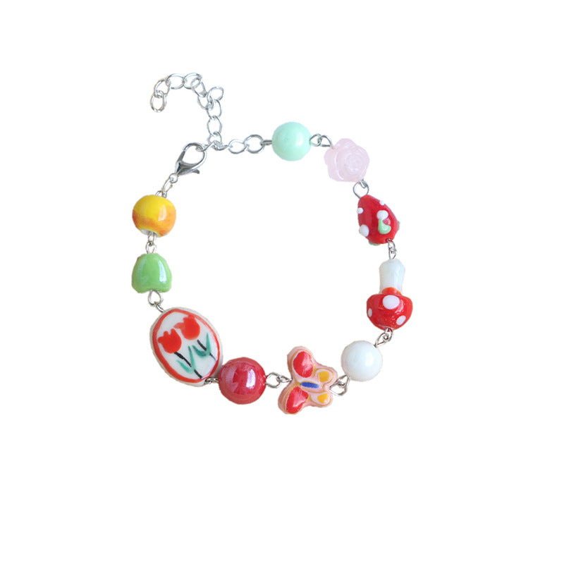 Niche Sweet Cute Stitching Style Cartoon Butterfly Tulip Glass Ceramic Bracelets