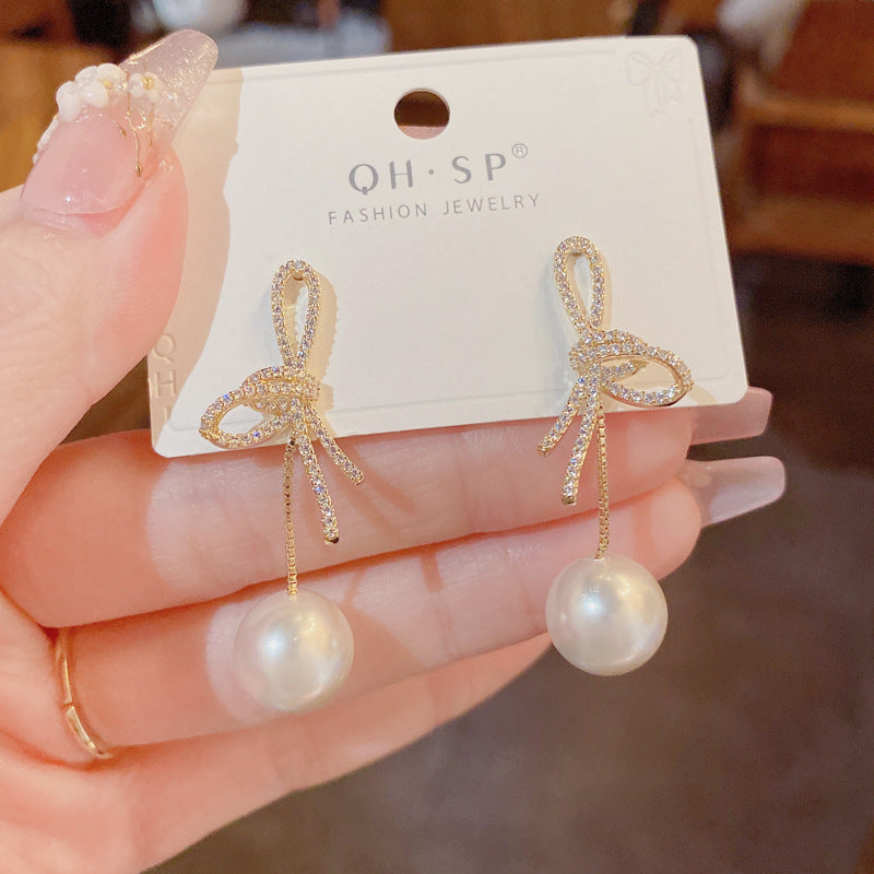 Affordable Luxury Fashion Micro Inlaid Zircon Bow Pearl Personality Thin Earrings