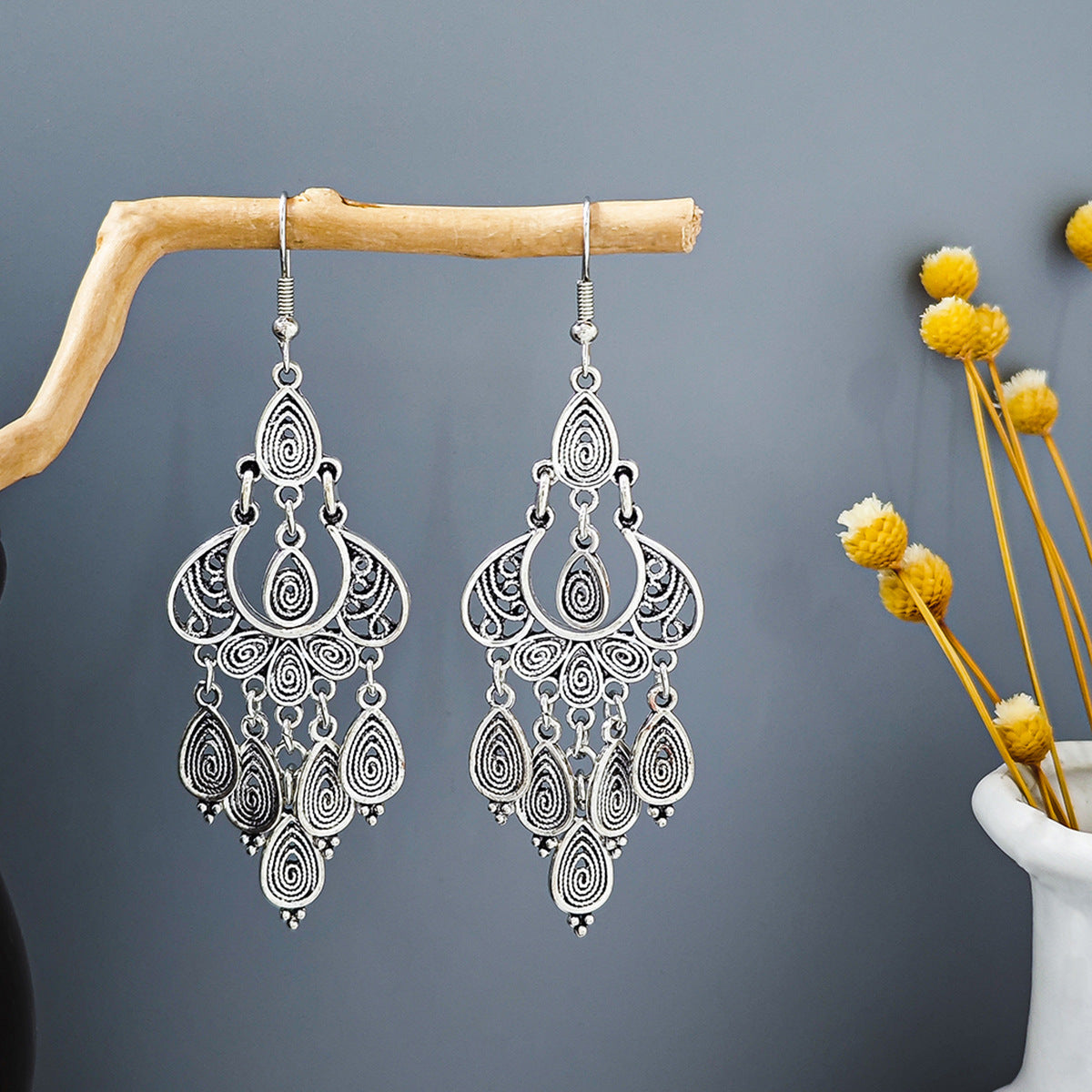 Turquoise Bohemian Palm Owl Bronze Carved Geometric Feather Earrings