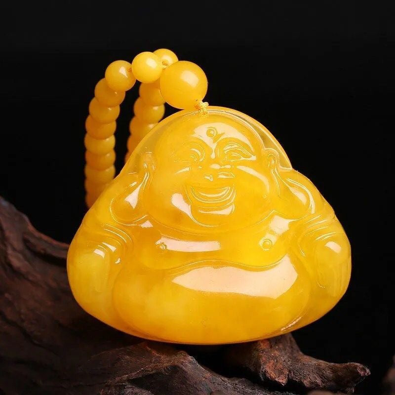 Women's Buddha Carved Smiling Long Sweater Chain Yellow Necklace
