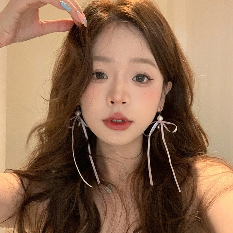Niche Style Ribbon Bowknot Love Pink White Earrings