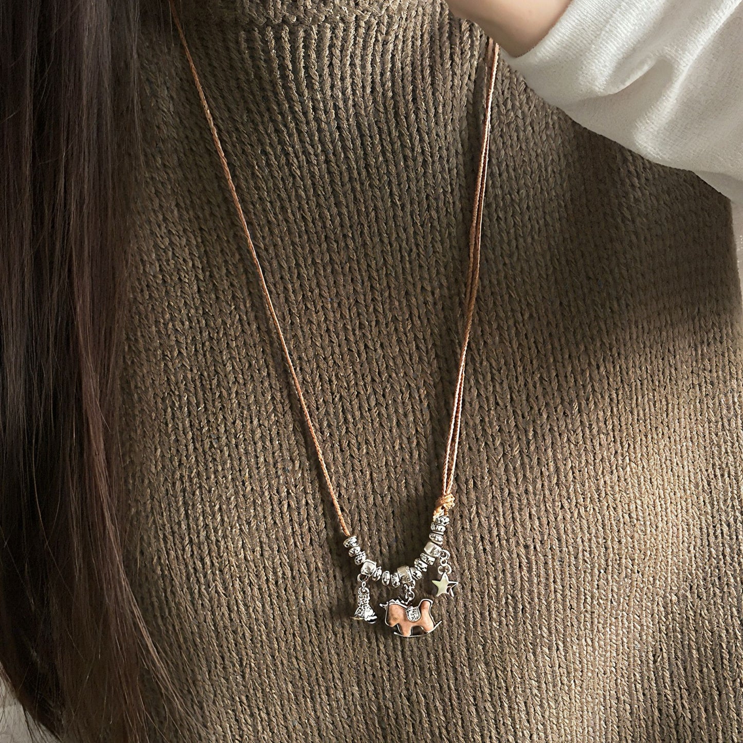 Women's Wooden Pony Retro Drawable Long Sweater Chain Horse Life Light Necklace