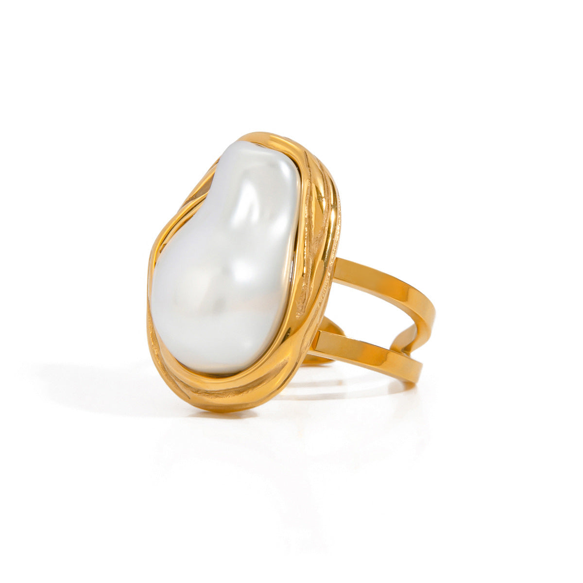 Gold Stainless Steel Baroque Open-end Pearl Female Ring