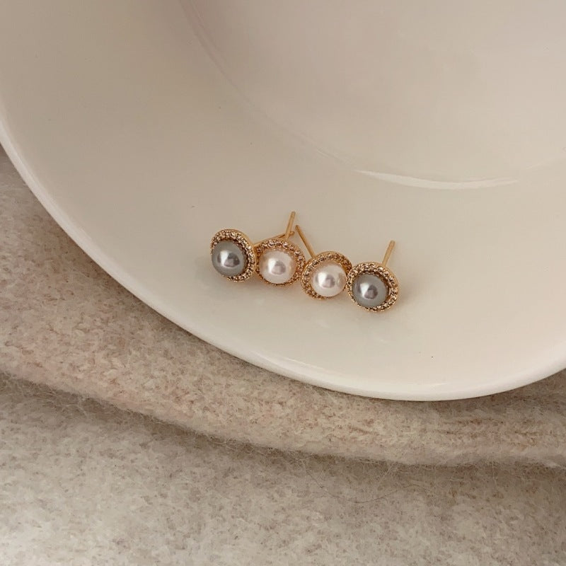 Small Pearl Ear Micro Inlaid Zircon Simple French Style Elegant Stud Earrings
