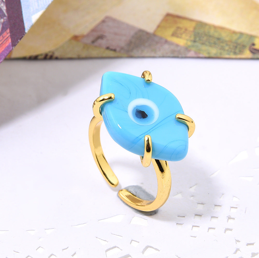 Women's Handmade Gold Copper Inlaid Glass Eyes Open-end For Bohemian Adjustable Ring