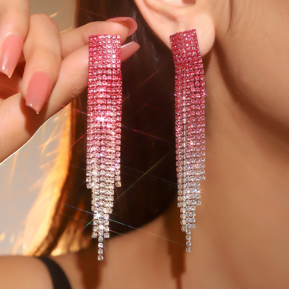 Women's Shiny Full Diamond Long Fringe High Earrings