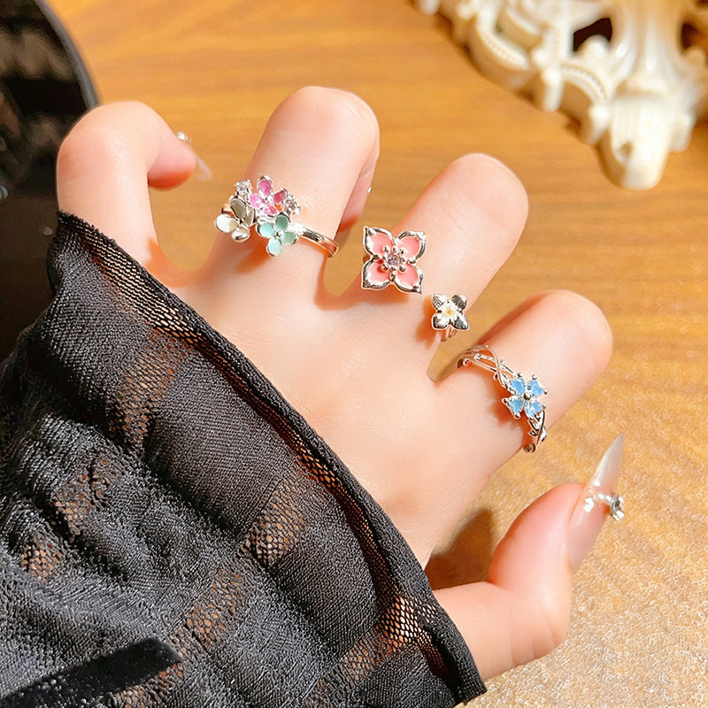 Cherry Blossoms Colorful Enamel Open Gentle Sweet Niche Flower Rings