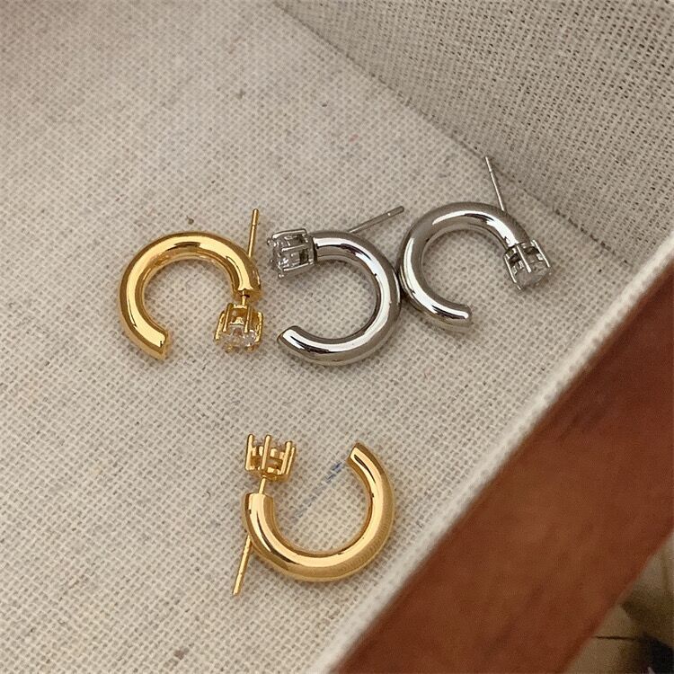 Sier Needle Female Niche Design Metallic Zircon Shaped Earrings