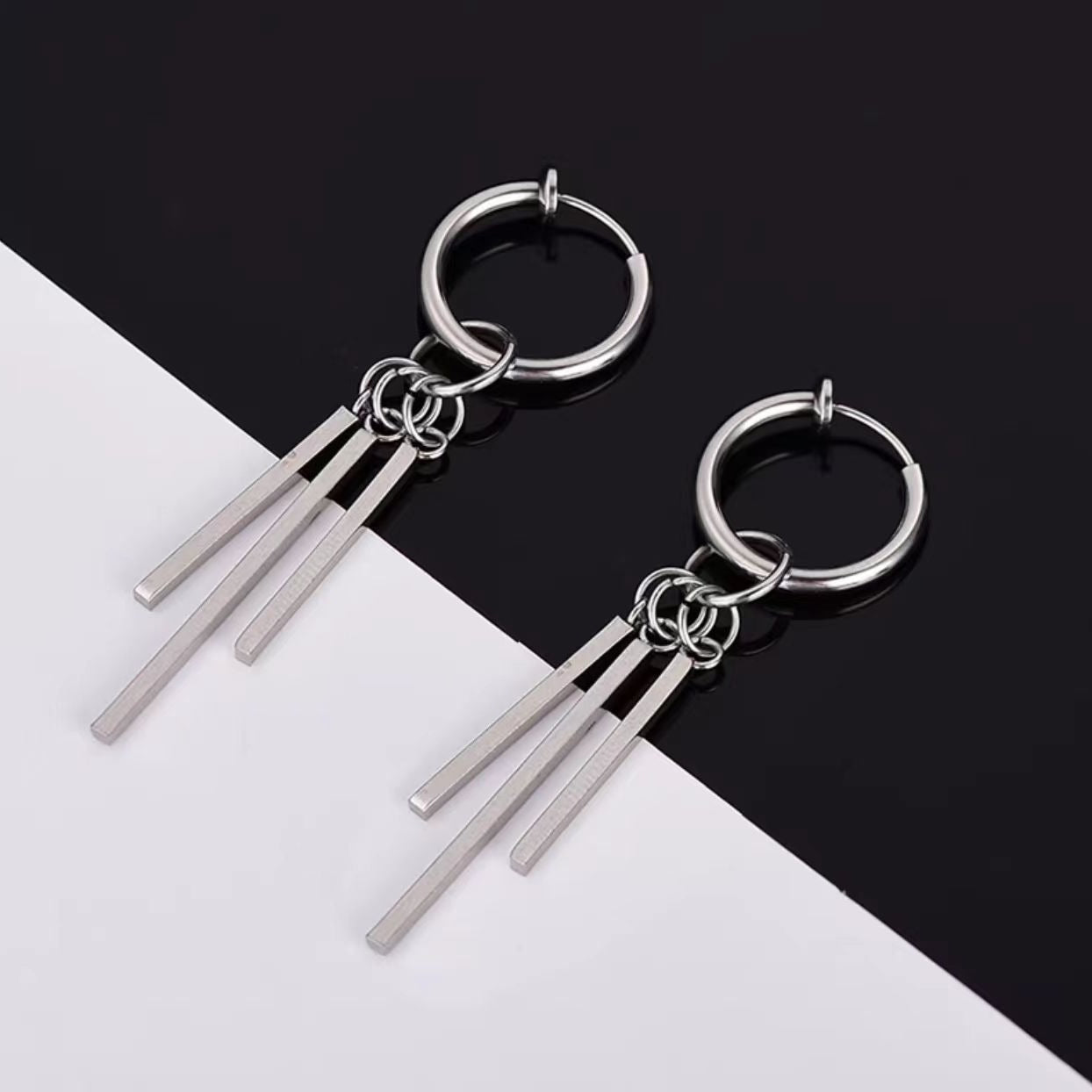 Men's Hip Hop Clip Punk Eardrops Female Three Straight Stick Square Rings