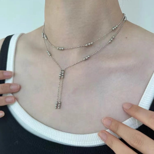 Sier Simple Sliver Beads Tassel Double Layer Spacer Necklace