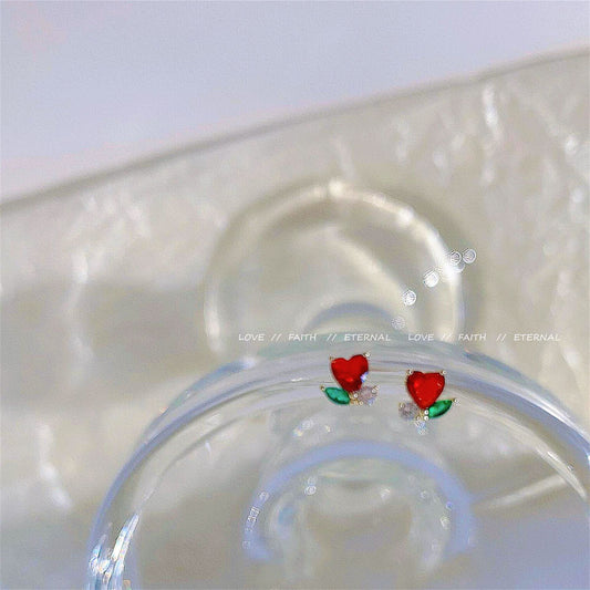 Excellent Sier Pin Simple Heart-shaped Red Ear Stud Earrings