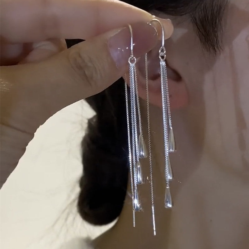 Women's Sier Long Water Drop Tassel Trendy Light Luxury High Sense Ear Line
