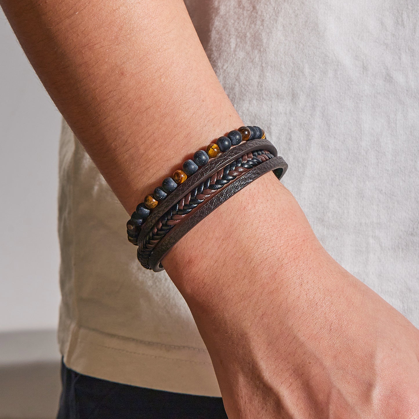 Men's Natural Tigereye Beaded Hand-woven Leather Bracelets