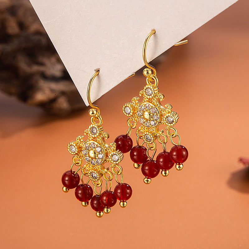 Women's Rhinestone Imitation Red Agate Tassel For Vintage Court Beaded Ear Earrings