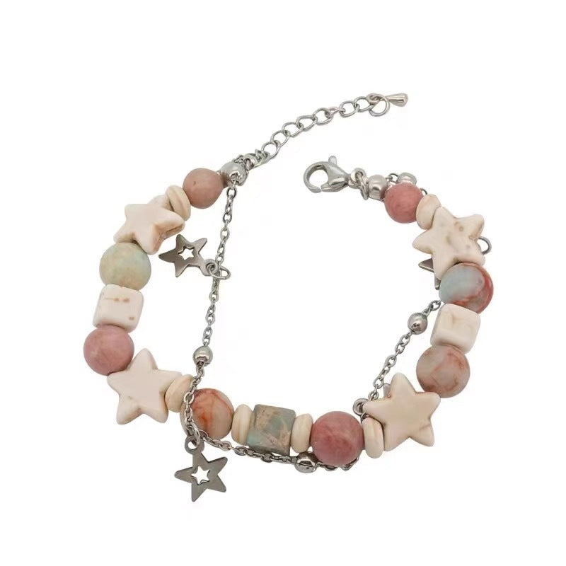 Cream Color Matching Double Circles Star Design Natural Bracelets