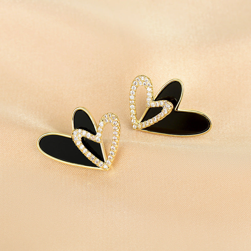 Women's Korean Style Black Heart Shape Diamond Love Fashion Double Earrings