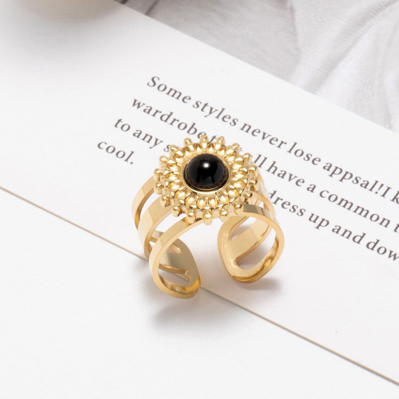 Natural Stone Titanium Steel Vintage Golden Rings