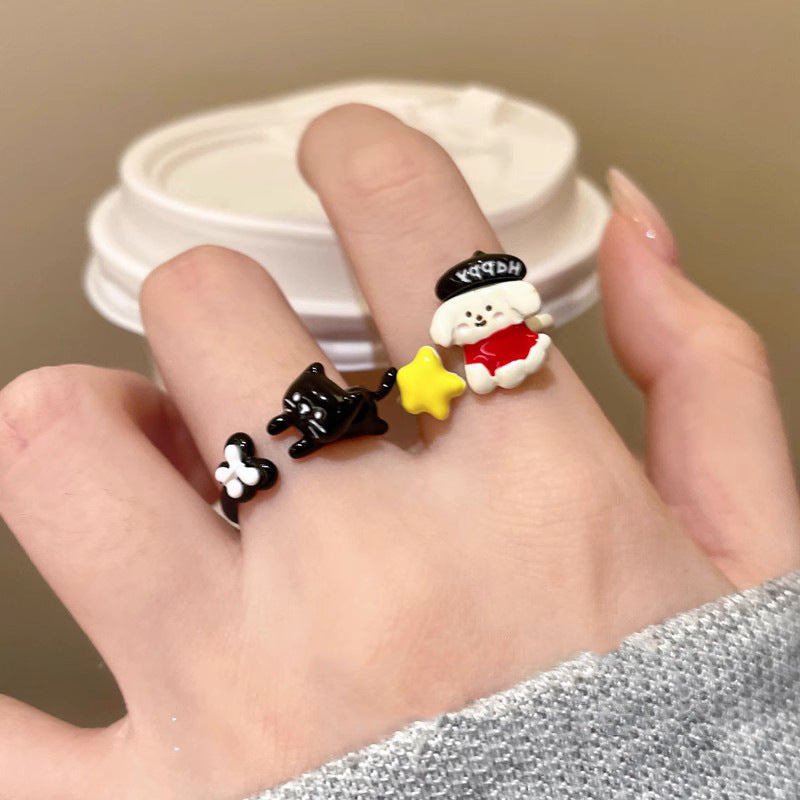 Cute Puppy Drip Glazed Female Niche Design Rings