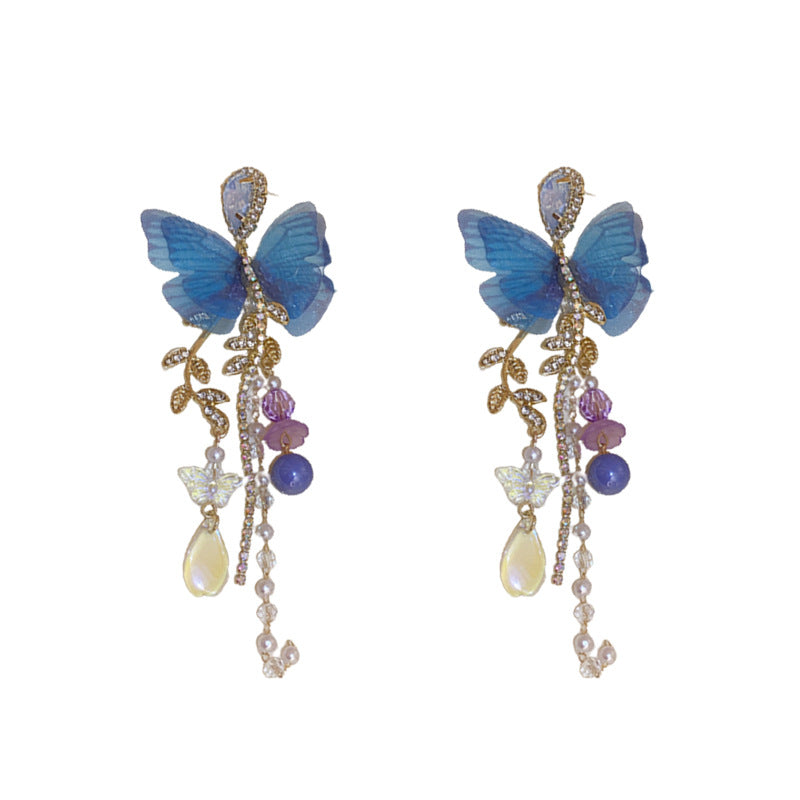 Sier Mesh Blue Butterfly Leaves Pearl Rings