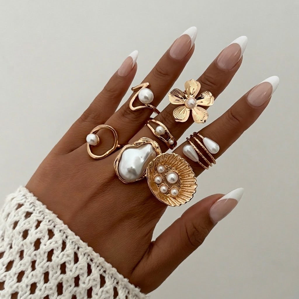 Women's Irregular Geometric Inlaid Imitation Pearl Design Open Ring