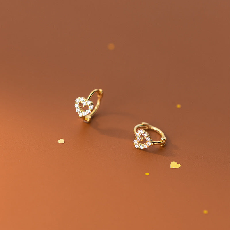 Sterling Sier Hollow Heart-shaped Sweet Simple Refined Rhinestone Earrings