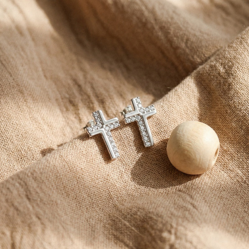 Simple Female Cross Inlaid Zirconium Temperament Earrings