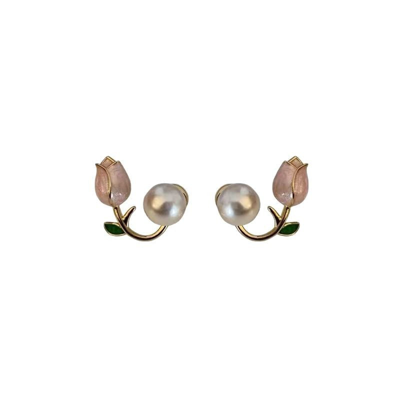 Pink Tulip Pearl Special Interest Light Luxury Design Eardrops Sweet Stud Earrings