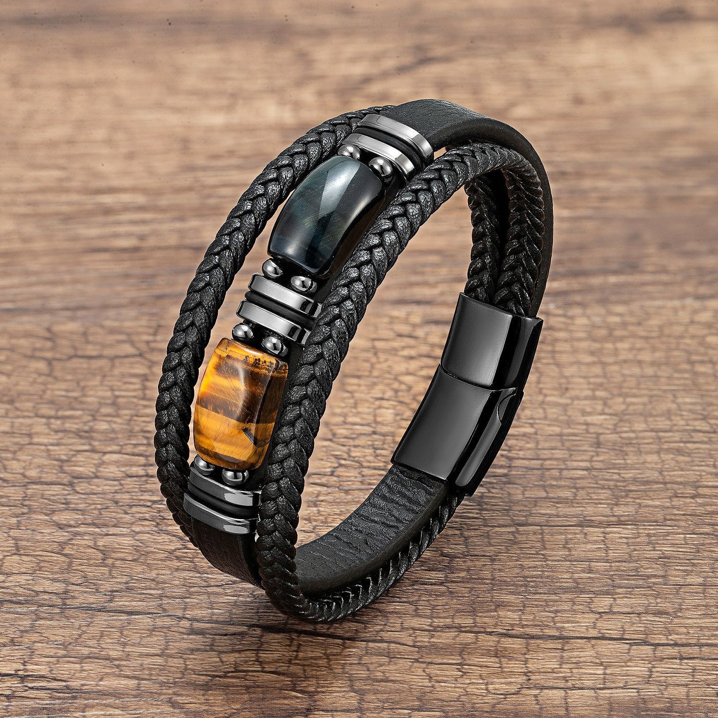 Men's Eye Leather Rope Stainless Steel Magnetic Buckle Bracelet
