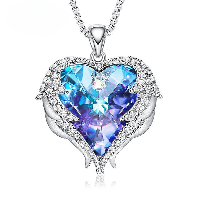 Ocean Heart Female Angel Wings Crystal Necklace