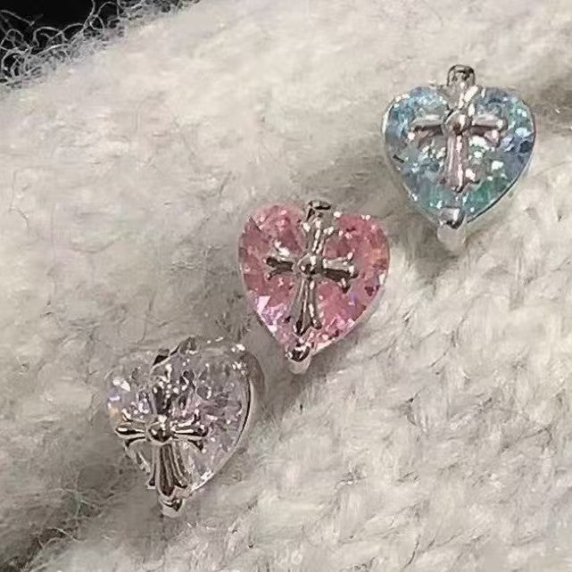 Sweet Cool Hot Cross Pink Blue Super Flash Zircon Unique Stud Earrings