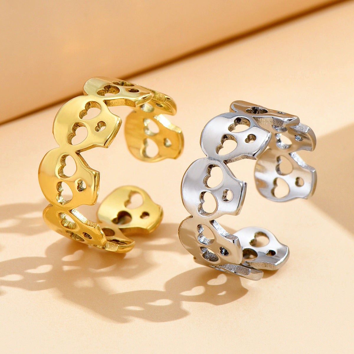 Vintage Punk Style Skull Opening Stainless Steel Adjustable Gold Plated Ring