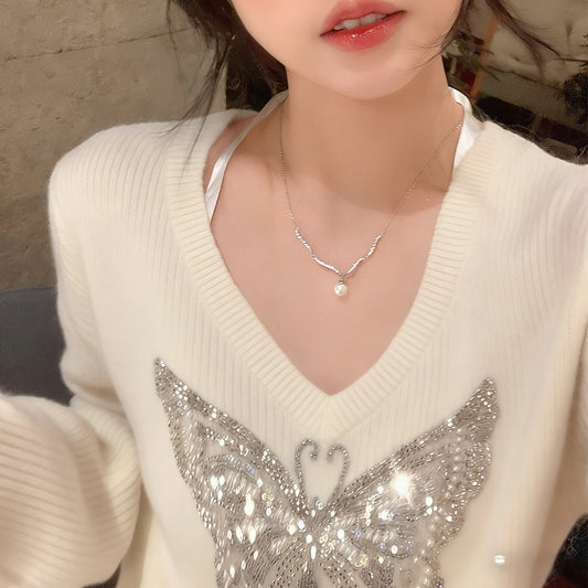 Women's Titanium Steel No Fading Rhinestone Wave Pearl For Light Luxury Necklace