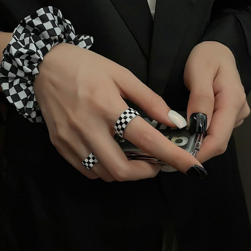Korean Style Checkerboard Female Retro Fashion Personalized Mesh Design Open Rings