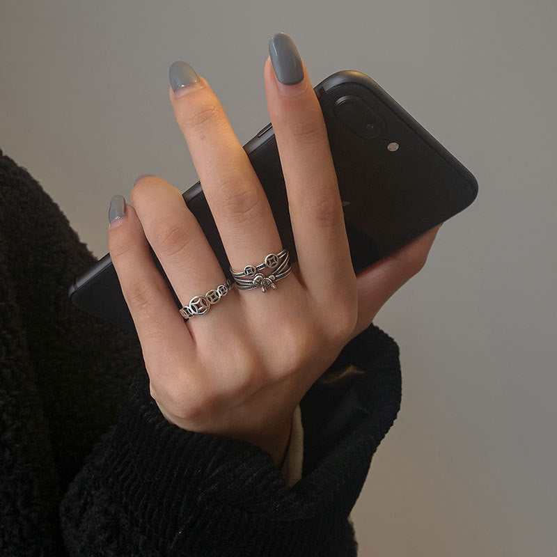 Coin Index Finger Retro Distressed Twin Style Imitation Thai Sier Rings