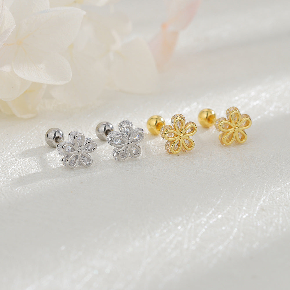 Shiny Diamond Flowers Screw Ear Bone Daily Sweet Cool Hot Stud Earrings