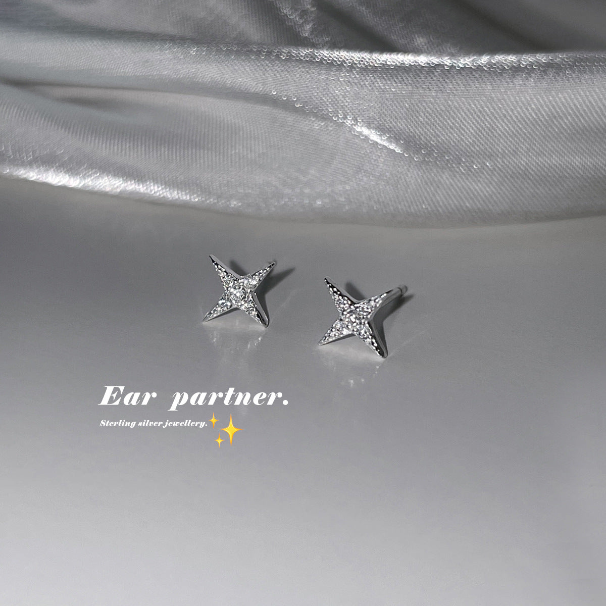 Sier Needle Four Stars Zircon Minimalist Everyday Joker Trendy Stud Earrings